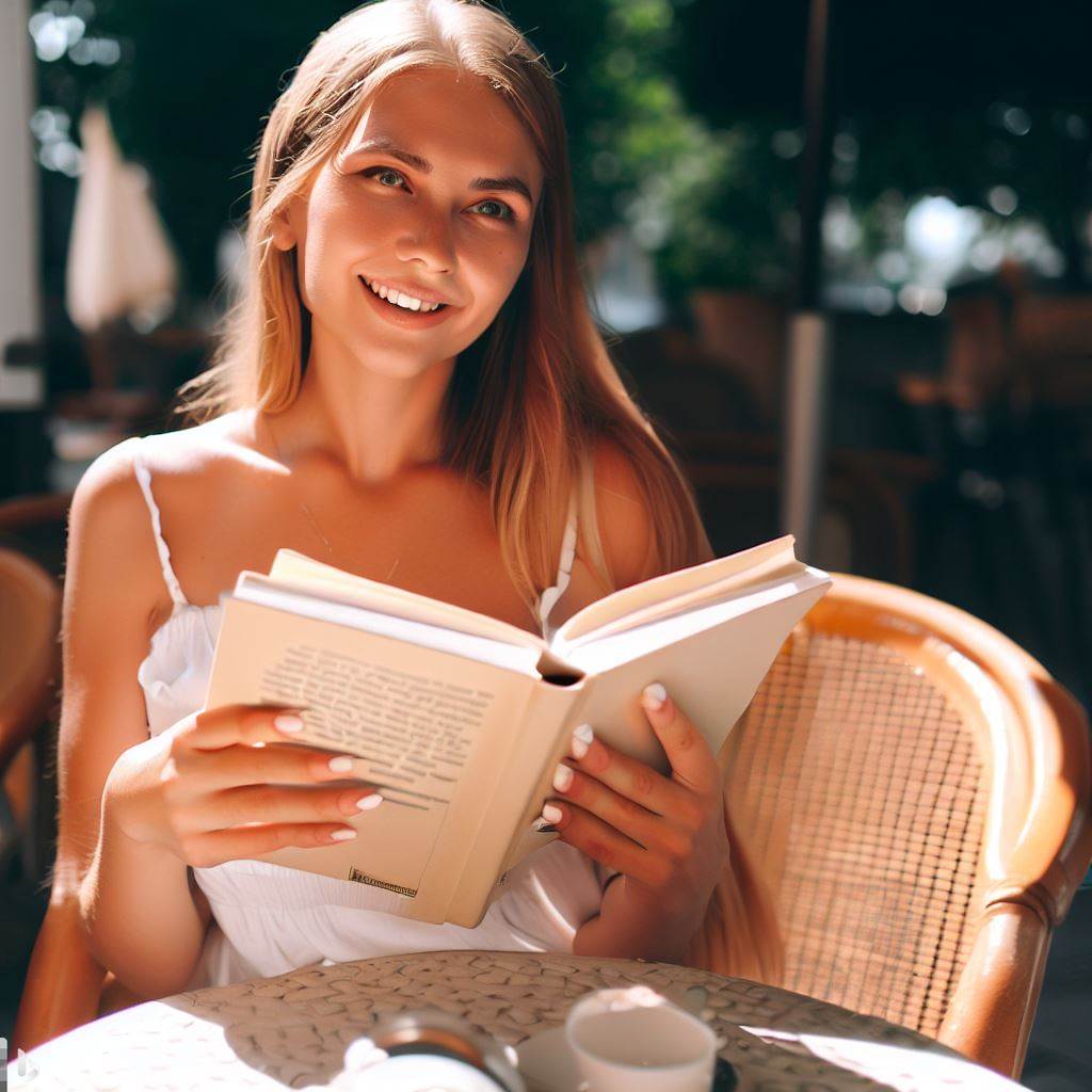 カフェで本を読む女性